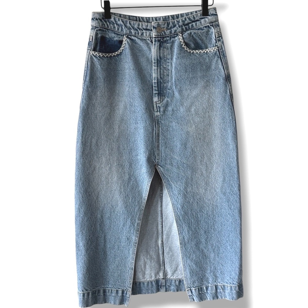 Sea New York Marion Mended Denim Midi Skirt Size 4 Slit Y2K 90s Boho Cottagecore